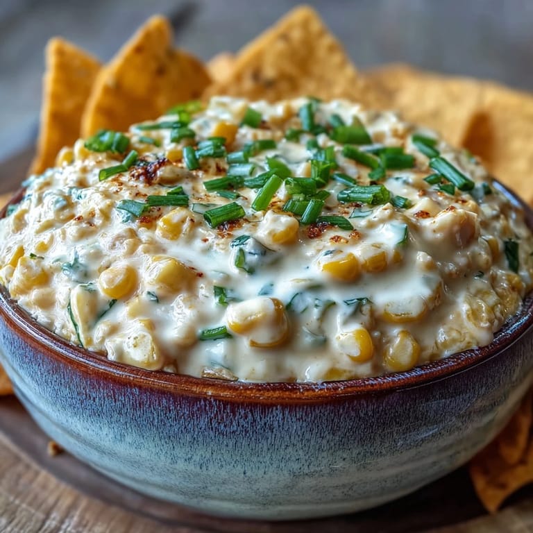 Spicy Crack Corn Dip with jalapeños, cream cheese, and corn, ready to be scooped up with tortilla chips.