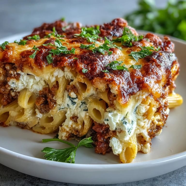 Fresh basil garnish atop Cottage Cheese Protein Pasta Bake with ground beef served in a white dish for a family dinner.