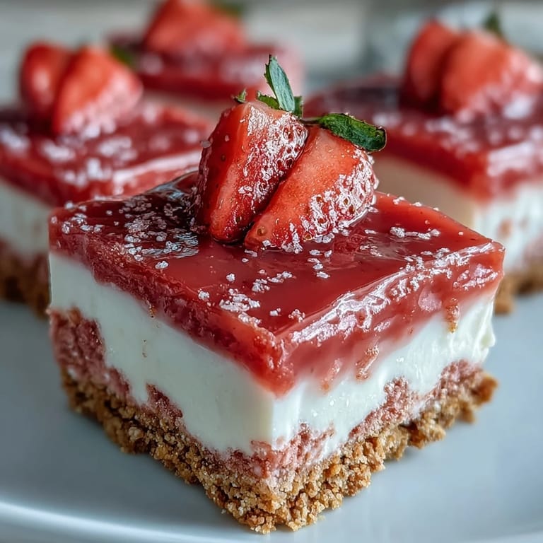 A close look at sliced No-Bake Strawberry Fudge Squares, showing a smooth white chocolate and strawberry filling over a buttery, crumbly graham cracker base.