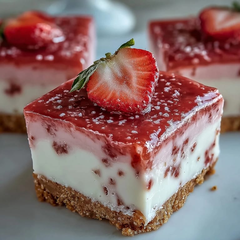 Vibrant No-Bake Strawberry Fudge Squares topped with fresh strawberry slices and coarse sugar, served on a white plate for a sweet dessert treat.