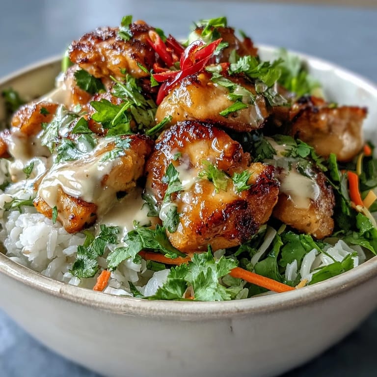 Sliced red cabbage, carrots, and cilantro garnish a warm Peanut Chicken Protein Bowl, featuring juicy chicken and coconut rice with a nutty sauce.