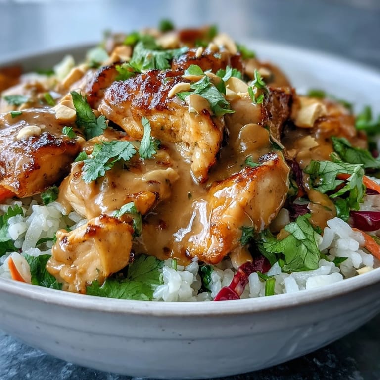 Meal-prep friendly Peanut Chicken Protein Bowl showcases succulent chicken over coconut rice, colorful veggies, and a drizzle of Thai-inspired peanut sauce, served with lime.