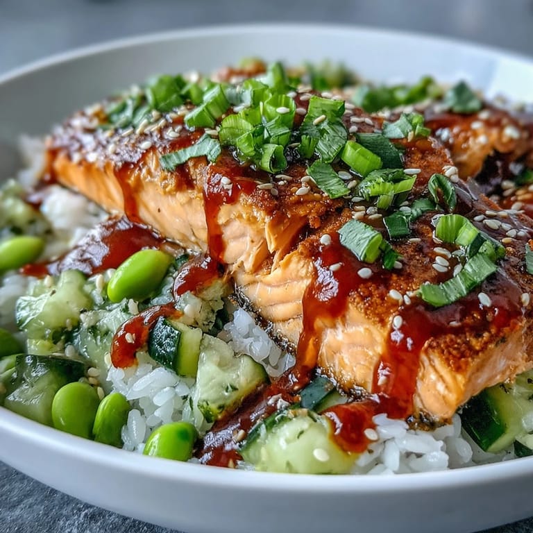 Spicy Bang Bang Salmon Bowl is garnished with sesame seeds and fresh herbs, drizzled with vibrant orange sauce for a flavor-packed meal.