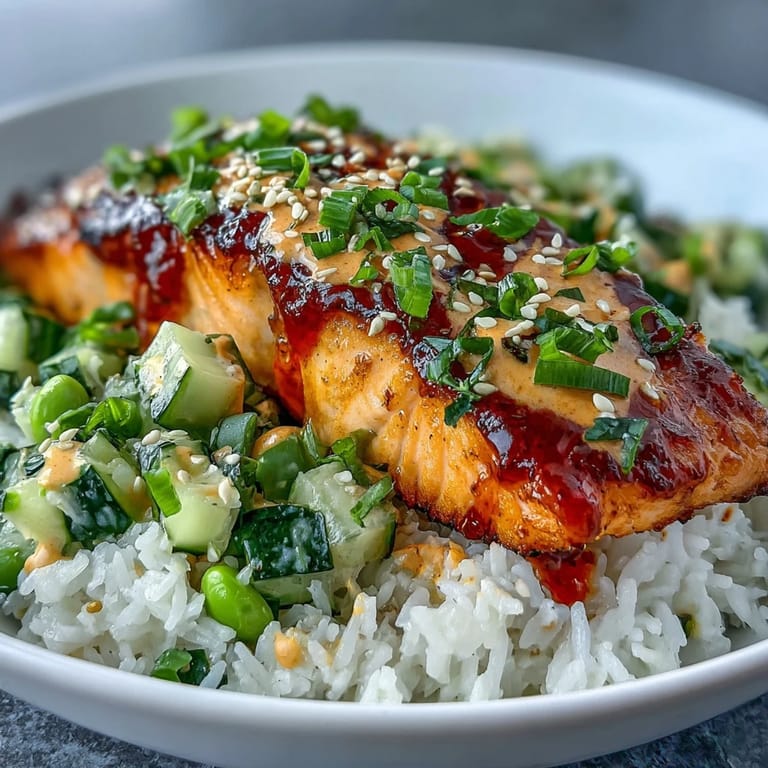 Assembled Bang Bang Salmon Bowl featuring tender salmon, fluffy rice, crunchy salsa, and lime wedges for a perfect weeknight dinner.