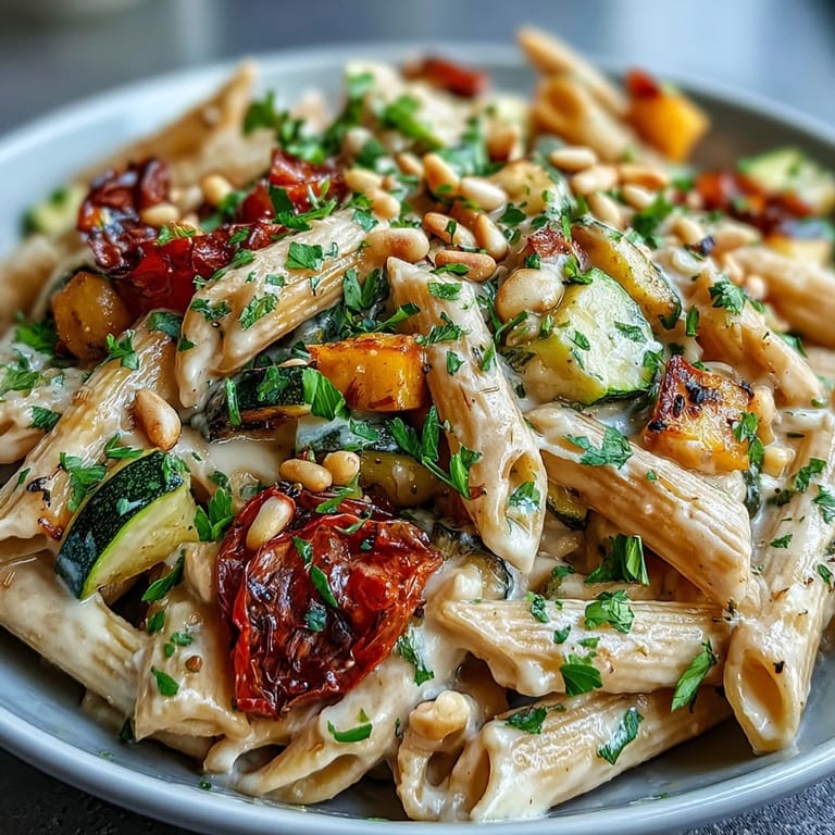 A close-up reveals steam rising from a hearty Whole Wheat Pasta Bowl topped with toasted pine nuts.