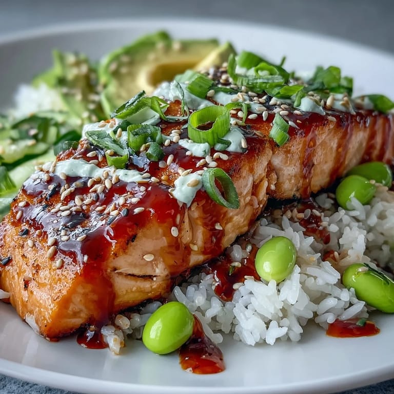 Steamy bowl of Honey Sriracha Salmon with jasmine rice, cucumber, edamame, and green onions, ready to enjoy.