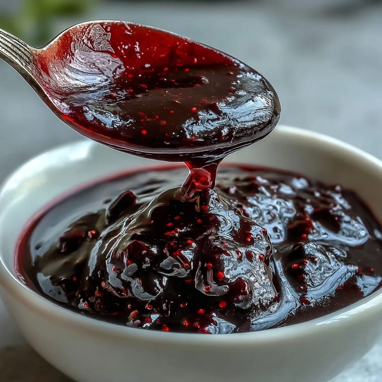 In a glass bowl, vibrant Black Currant Sauce highlights the deep color and smooth texture for dessert toppings.