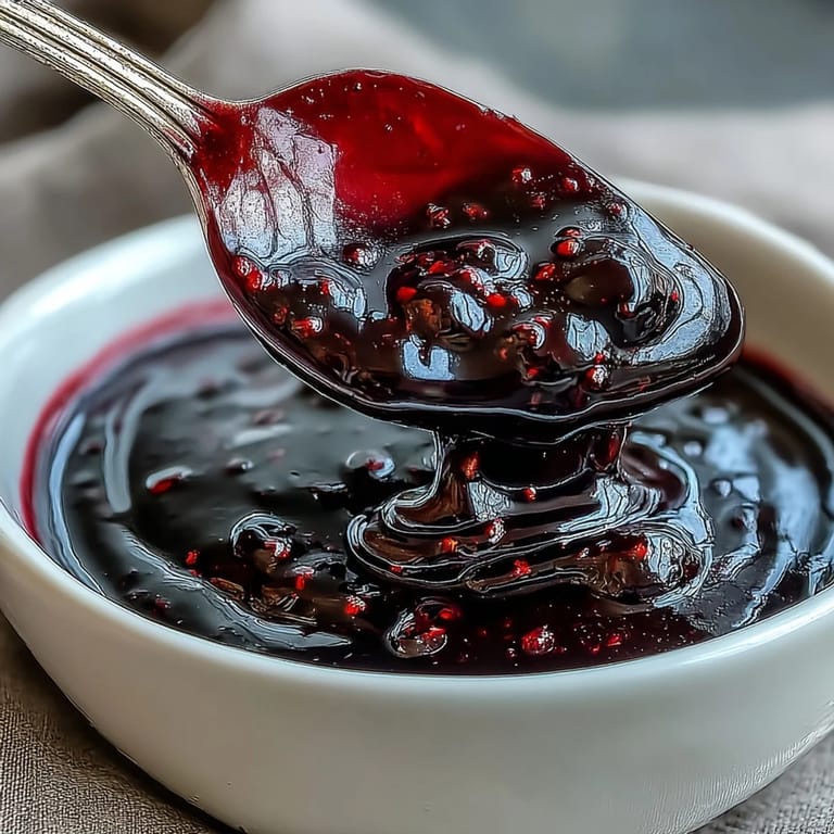 Homemade Black Currant Sauce swirling with tangy sweetness, perfect for spooning over a slice of cheesecake.