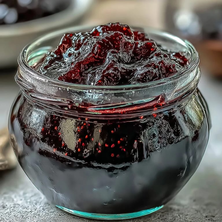 Whole black currants and glistening jelly rest on a wooden board, showcasing the vibrant, rich texture of this European preserve.