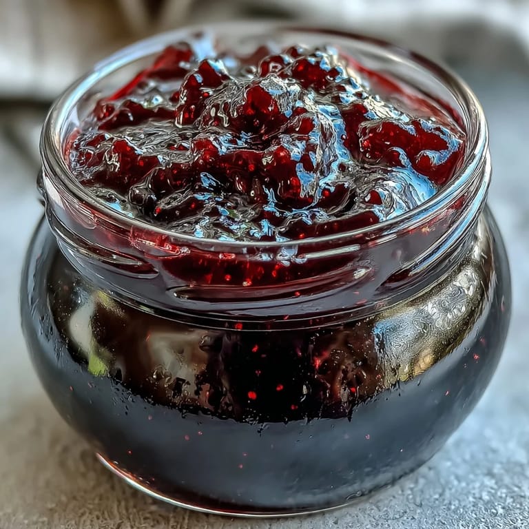 A spoon lifts a glossy dollop of Black Currant Jelly from a jar, ready to be spread on toast or desserts.