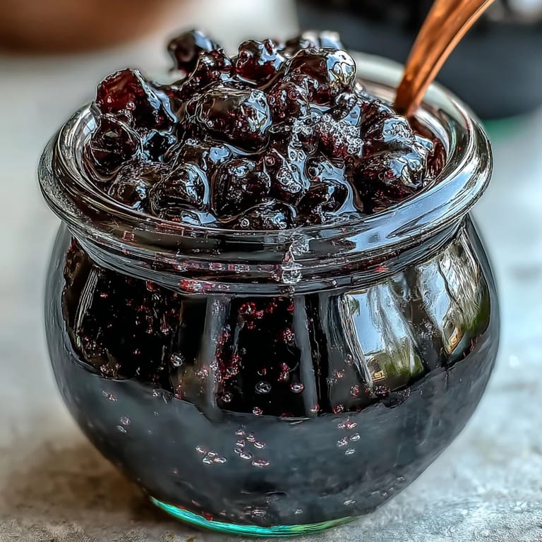 Close-up on the final step of the recipe, straining the deep red Crème de Cassis through cheesecloth into a glass bowl to remove the blackcurrant solids.