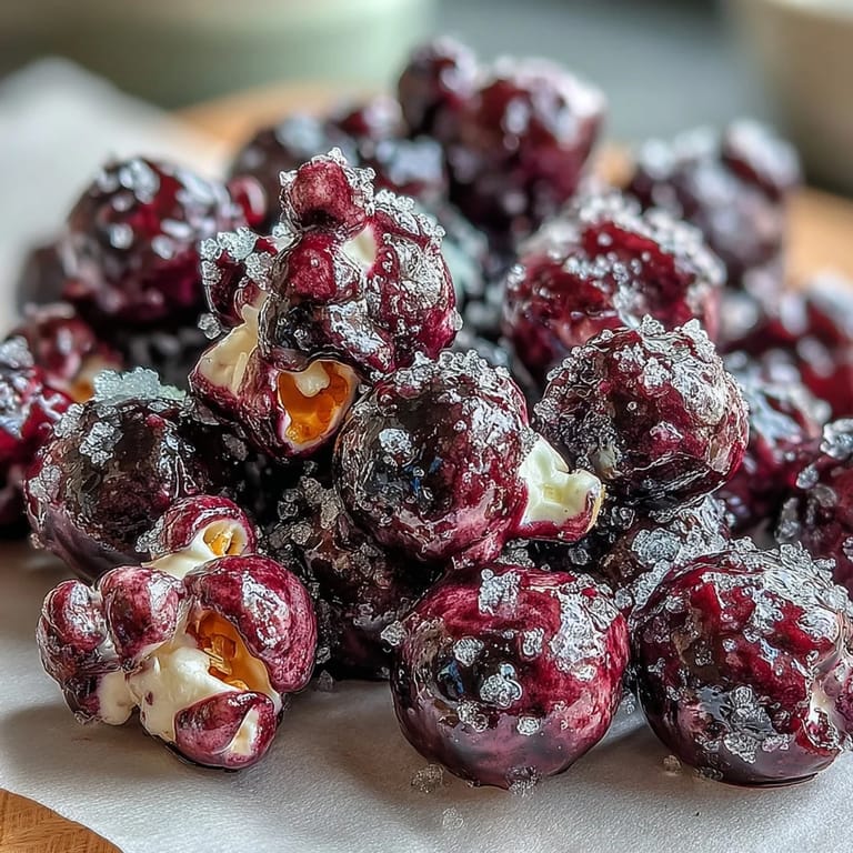 Freshly made Black Currant Cheesecake Kettle Corn piled high in a rustic bowl, garnished with freeze-dried black currants.