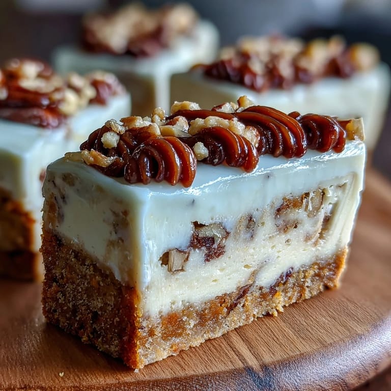 Carrot cake cheesecake bars with rich, spiced carrot cake layer and creamy vanilla cheesecake, finished with silky cream cheese frosting.