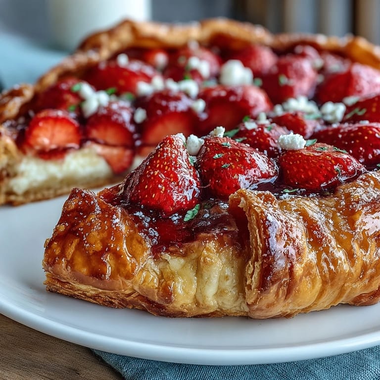 Fresh strawberry galette with frangipane filling, golden pastry crust, perfect summer dessert.