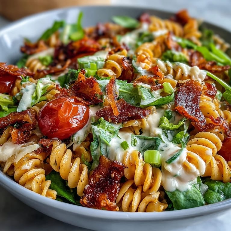 Hearty BLT pasta salad featuring smoky bacon, ripe avocado, and fresh lettuce tossed with al dente pasta and zesty lemon-mayo dressing.  