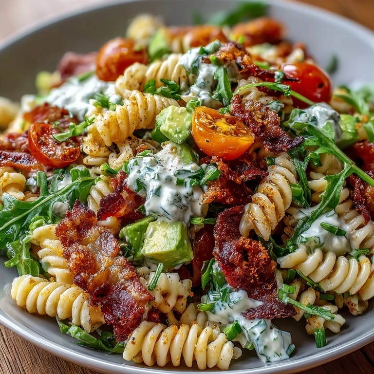 Creamy avocado BLT pasta salad with crunchy bacon, sweet cherry tomatoes, and crisp romaine lettuce for a refreshing, satisfying meal.