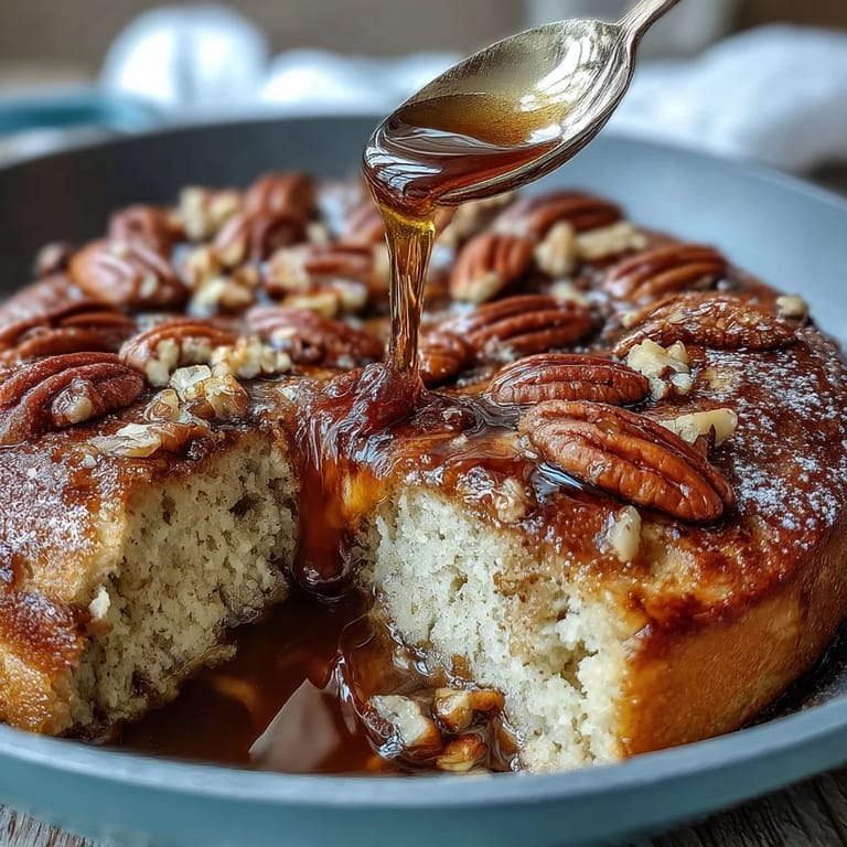 A warm slice of pancake casserole drizzled with maple syrup and topped with crunchy pecans for a sweet start.  