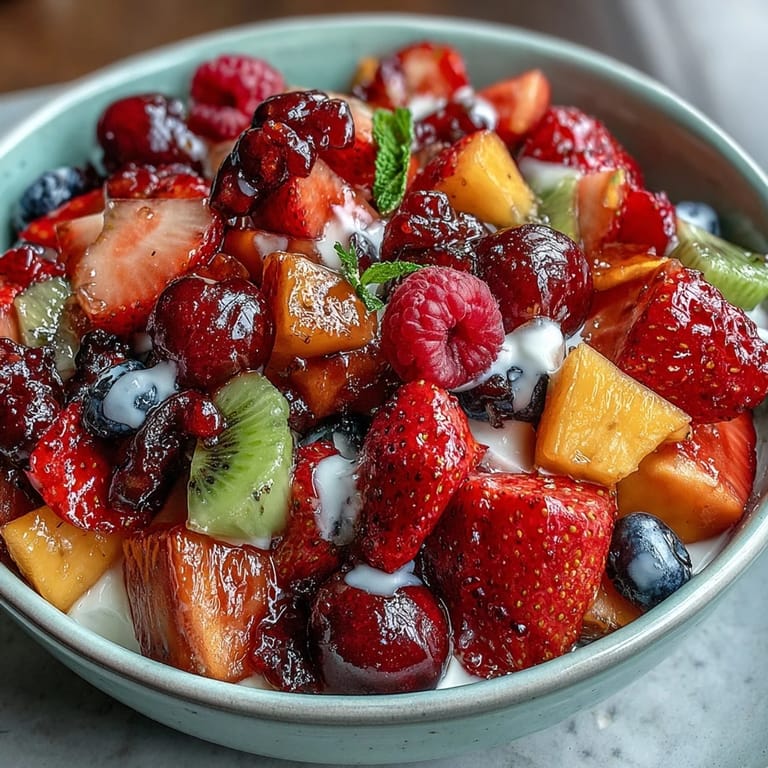 Vibrant spring fruit arrangement featuring mango, grapes, and berries, paired with a refreshing lemon-honey yogurt dip.
