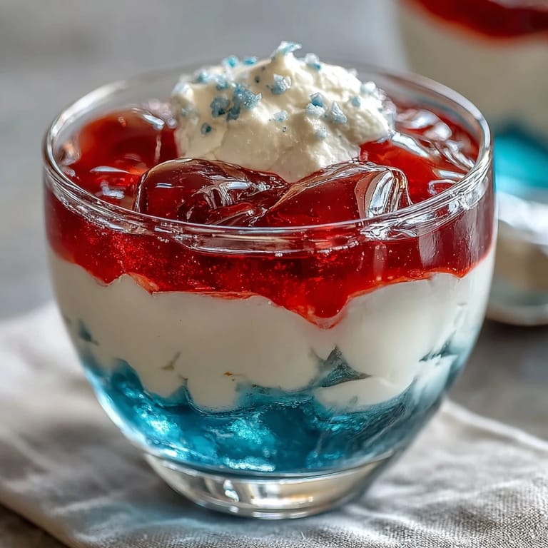 Festive Red, White, and Blue Jello cups with creamy white layers and fruity red and blue gelatin, chilled and ready to serve.  