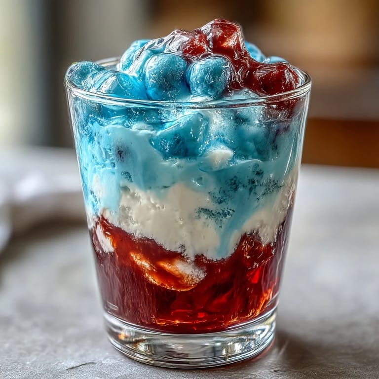 Chilled layered Jello cups in red, white, and blue, garnished with whipped cream and fresh berries for a fun, colorful dessert.