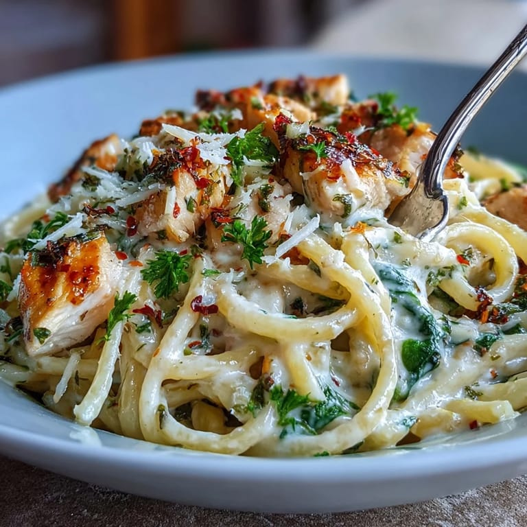 Zesty Lemon Orzo with Chicken and Spinach, creamy and savory, served hot with a sprinkle of Parmesan and herbs.