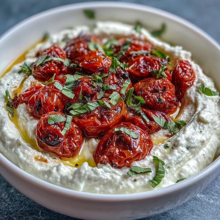 Velvety whipped feta blended with roasted cherry tomatoes for a bright, savory appetizer spread.  