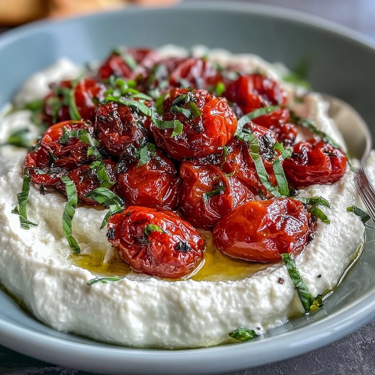 Smooth whipped feta topped with oven-caramelized cherry tomatoes and fresh basil for a Mediterranean snack.