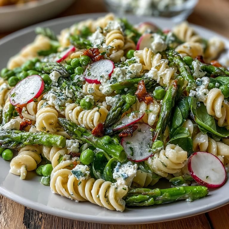 Fresh spring pasta salad with lemon vinaigrette, tender vegetables, and radishes, ideal for easy entertaining or meal prep.