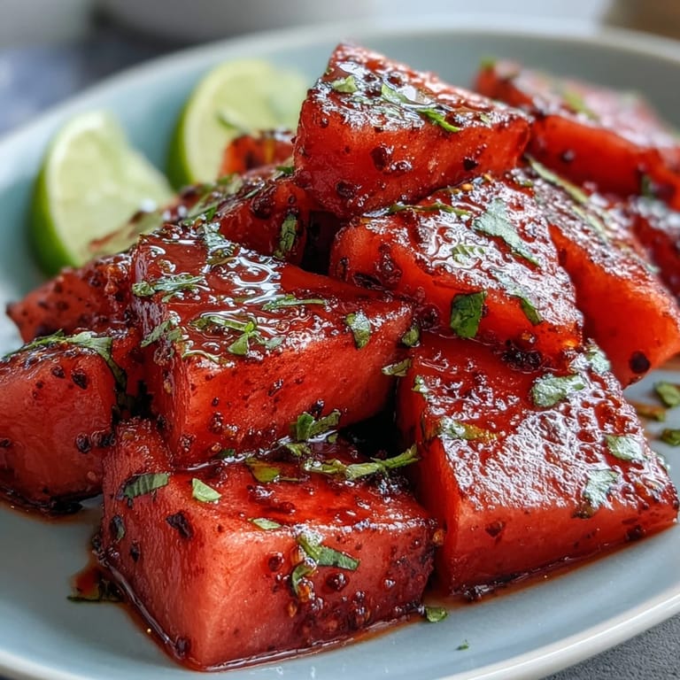 Colorful watermelon slices with Tajin seasoning and lime wedges, a simple, vegan, and gluten-free snack for beach days or picnics.