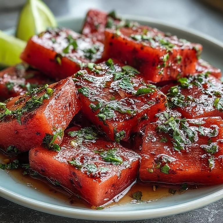 Chilled watermelon wedges sprinkled with chili-lime Tajin and fresh lime juice, offering a sweet, spicy, and tangy treat.  