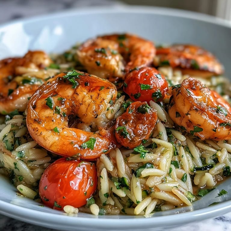 Bright and creamy one-pan lemon butter shrimp and orzo, featuring plump shrimp, cherry tomatoes, and fresh parsley for a Mediterranean-inspired dinner.