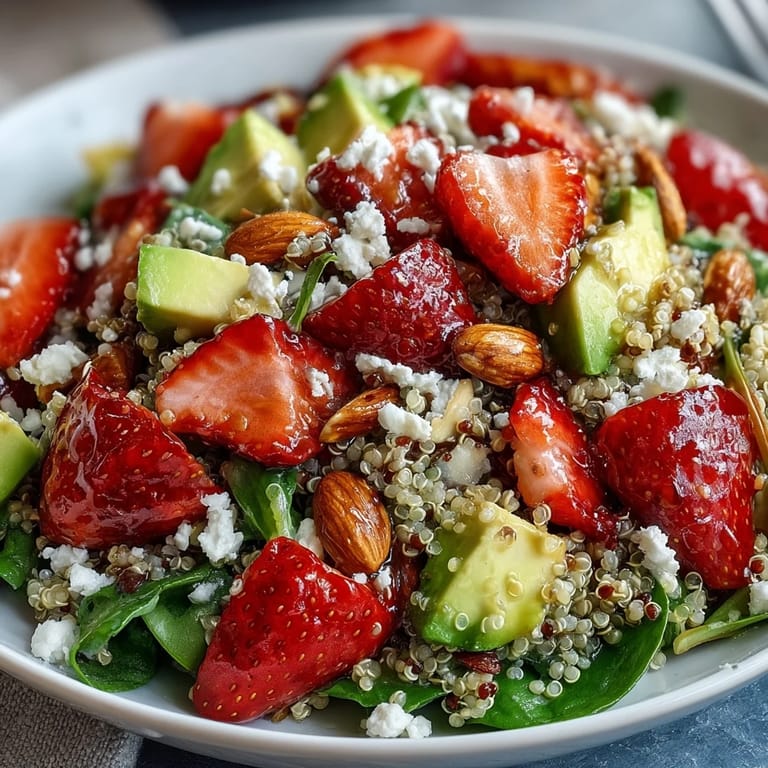 Colorful quinoa salad featuring ripe strawberries, diced avocado, and fresh spinach, topped with toasted almonds and feta cheese.  