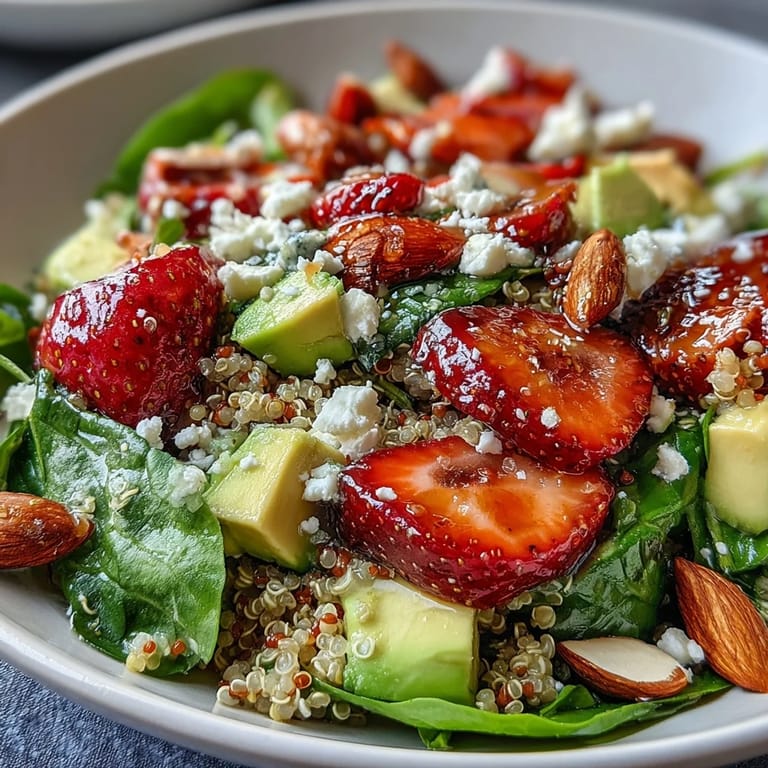 Refreshing strawberry avocado quinoa salad with bright citrus vinaigrette, perfect for a healthy lunch or light dinner side dish.