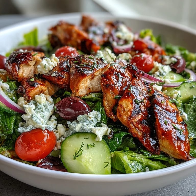 Hearty Greek salad bowl loaded with grilled chicken, crisp lettuce, cherry tomatoes, cucumbers, olives, and creamy feta cheese.