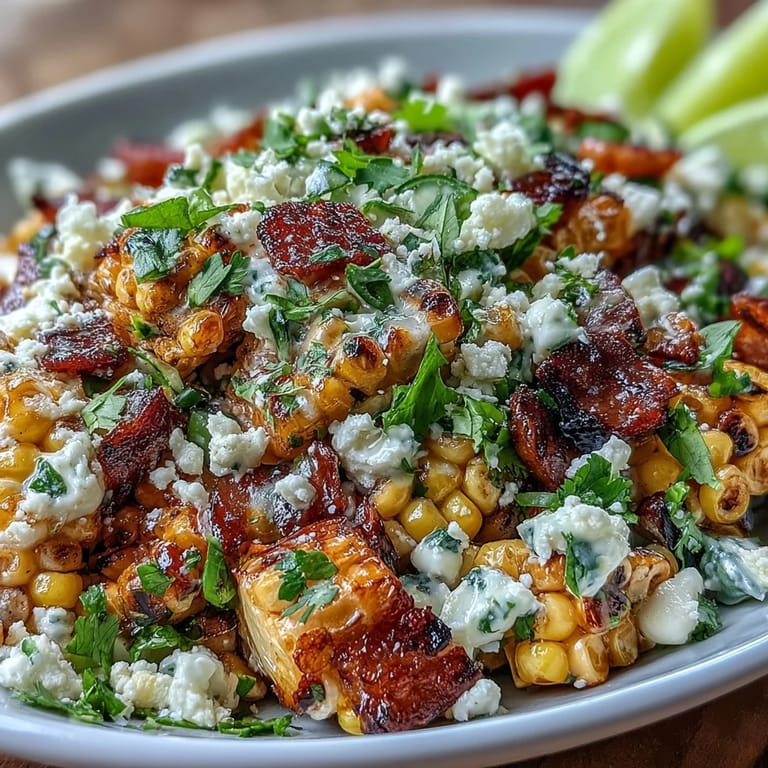 A zesty Mexican Street Corn Salad featuring charred corn, tangy lime dressing, and a sprinkle of chili powder for bold flavor.  