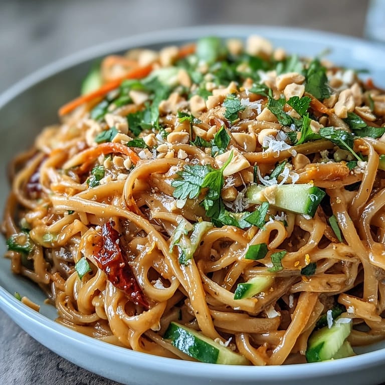 Creamy peanut-lime sauce coats rice noodles, carrots, bell pepper, and cucumber for a refreshing meal.  