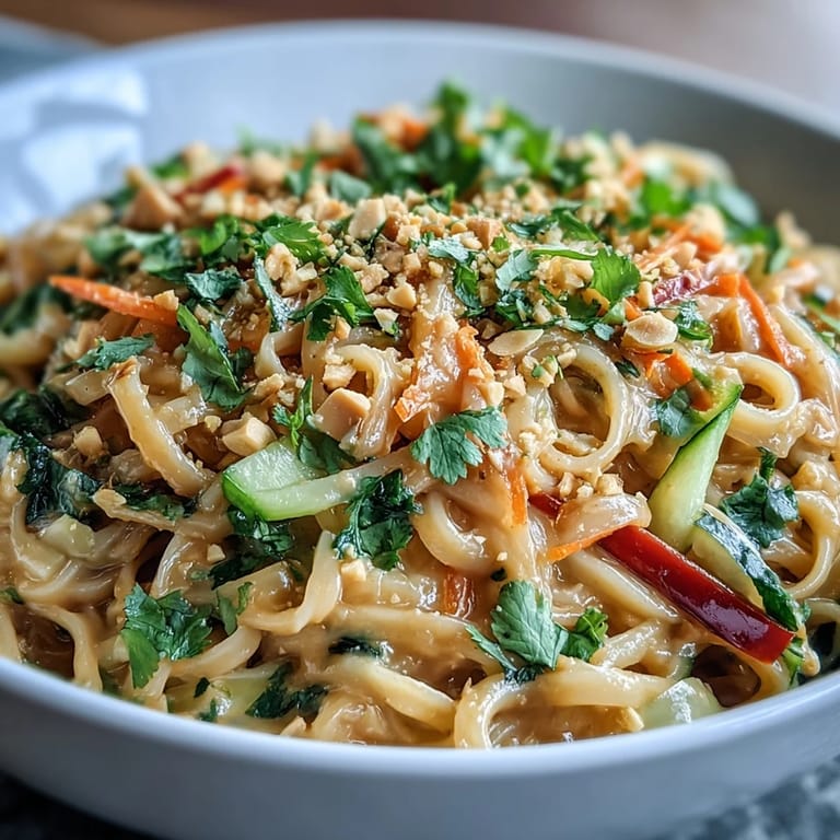 Colorful Thai-inspired noodle salad topped with chopped peanuts and cilantro, perfect for a light lunch.