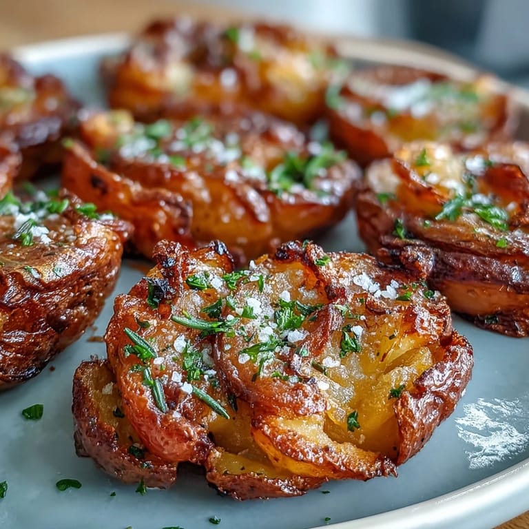 Tender boiled potatoes flattened and roasted until crispy, garnished with flaky sea salt and fresh parsley.