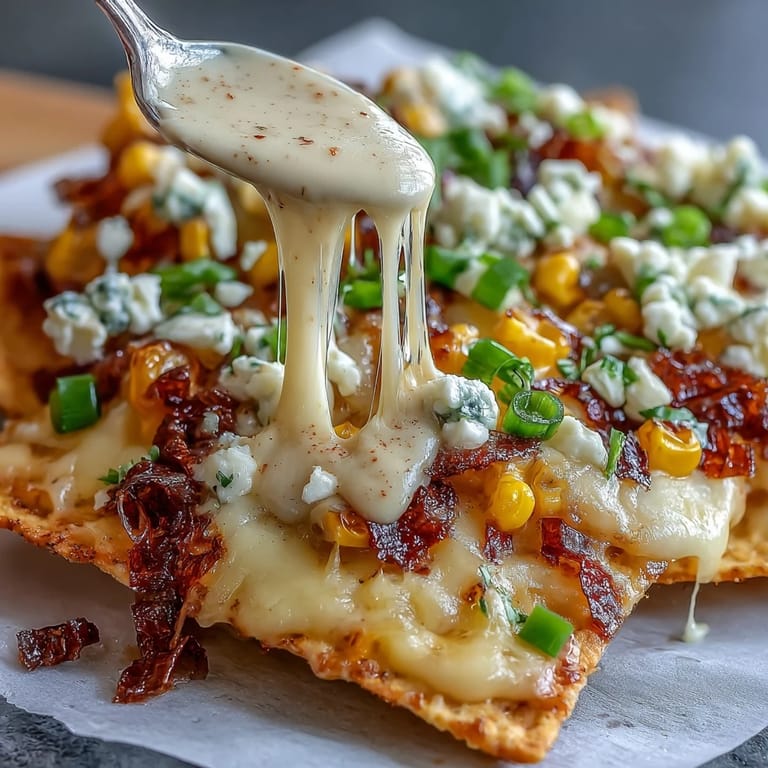 Golden tortilla chips loaded with elote corn, melting cheese, and zesty chipotle crema.