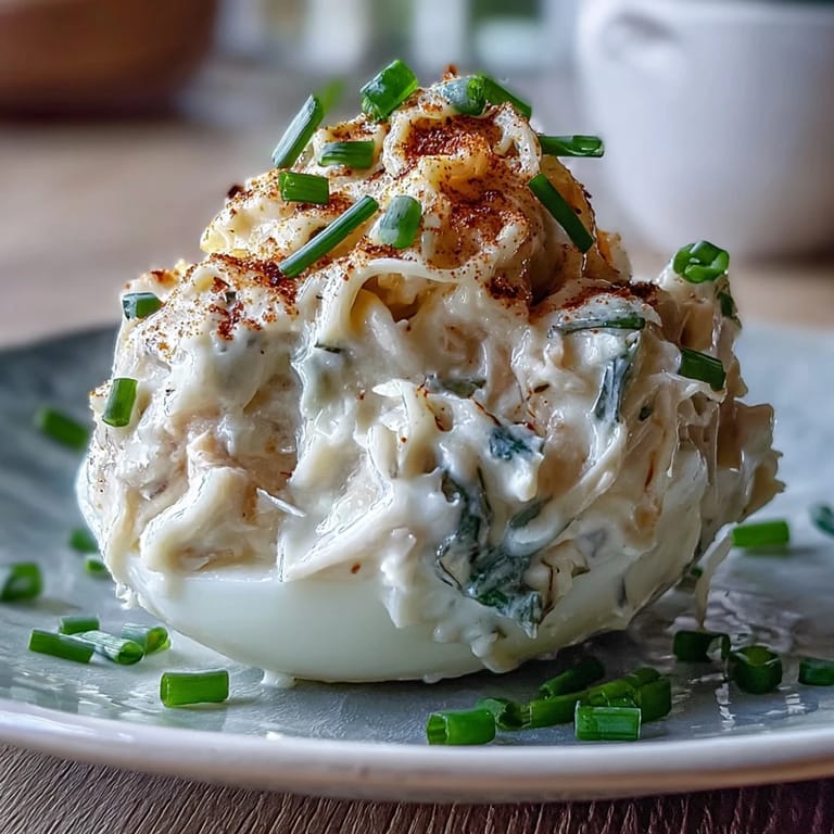 Savory crab cake deviled eggs piled high, ready for your next gathering.