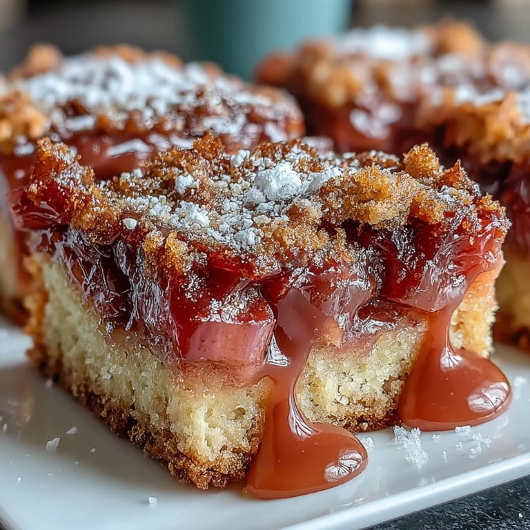 Close-up of tender Rhubarb Custard Bars, showcasing a creamy filling and fruit.
