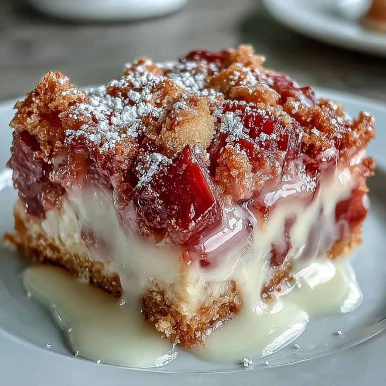 Delicious Rhubarb Custard Bars, perfect for a springtime treat with dusting.