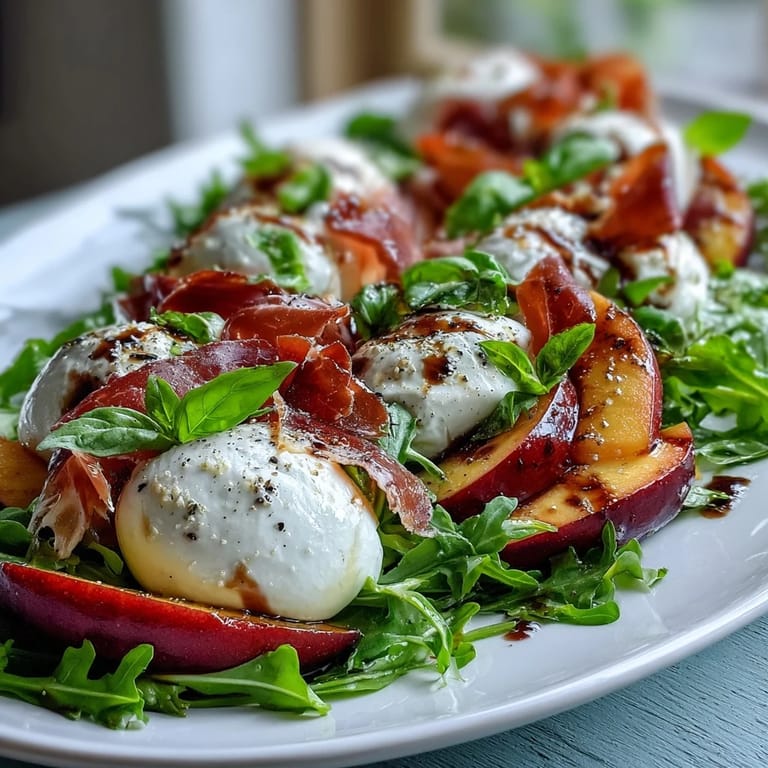 Enjoy this delightful Burrata and Peach Summer Salad with salty prosciutto and greens.