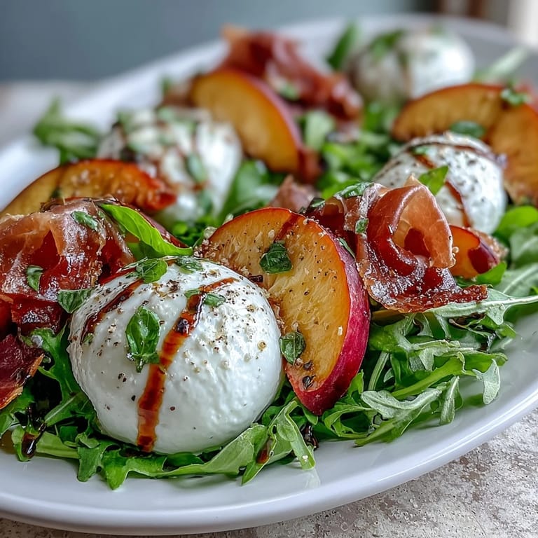 Arugula, balsamic glaze, and prosciutto elevate this fresh burrata and peach salad.
