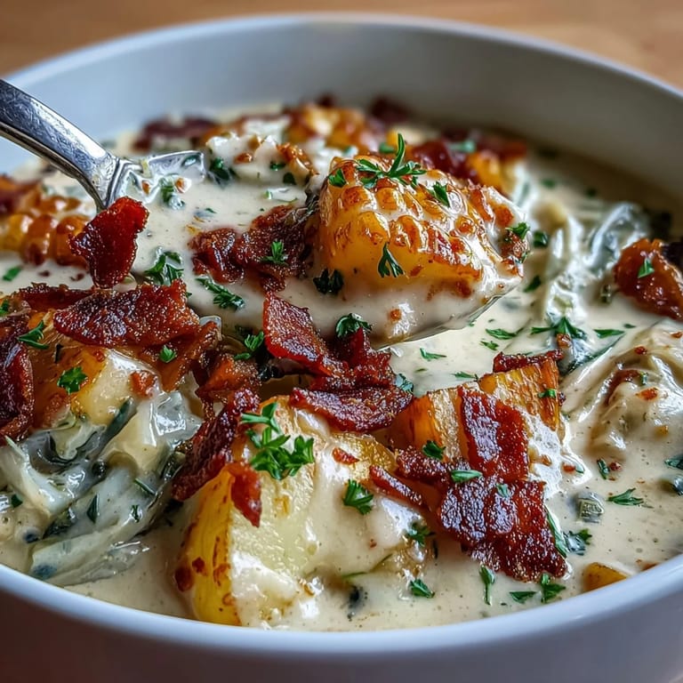 Creamy corn chowder with shredded cabbage and crispy bacon bits, perfect for warming up on a cold day.