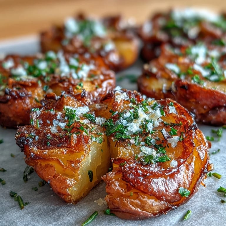 Oven-roasted baby potatoes smashed to perfection, drizzled with olive oil and sprinkled with smoked paprika.  