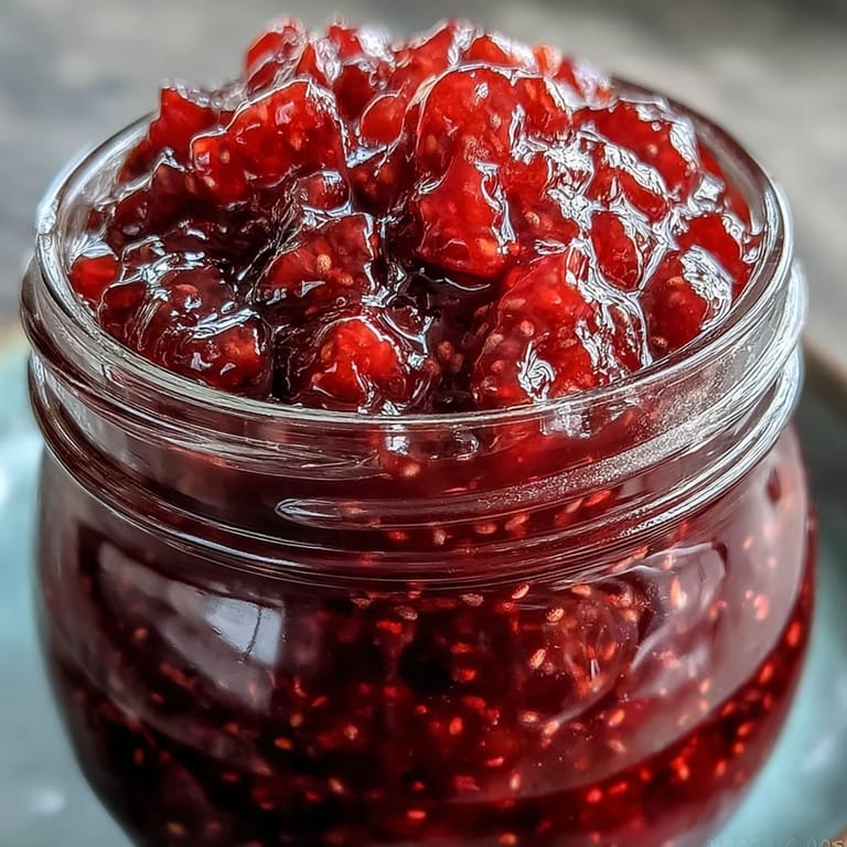 A vibrant, naturally sweetened raspberry lemon chia jam, thickened with wholesome seeds and perfect for adding flavor to breakfast or desserts.