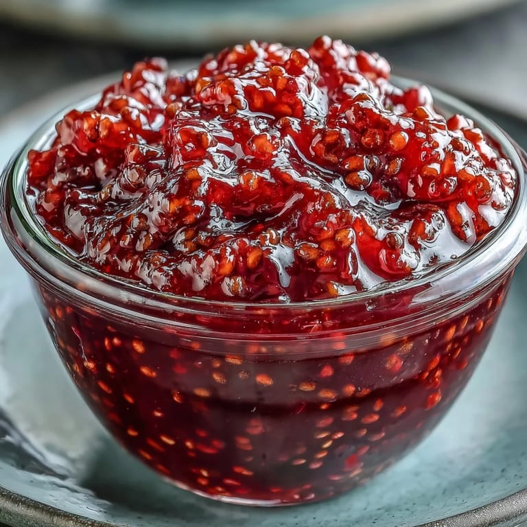 Fresh raspberries simmered with lemon juice and chia seeds, creating a glossy, tangy-sweet jam ideal for topping pancakes, scones, or oatmeal.