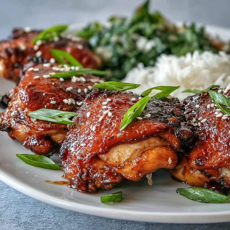 Golden-brown chicken thighs coated in rich soy garlic glaze, garnished with sesame seeds and green onions.  