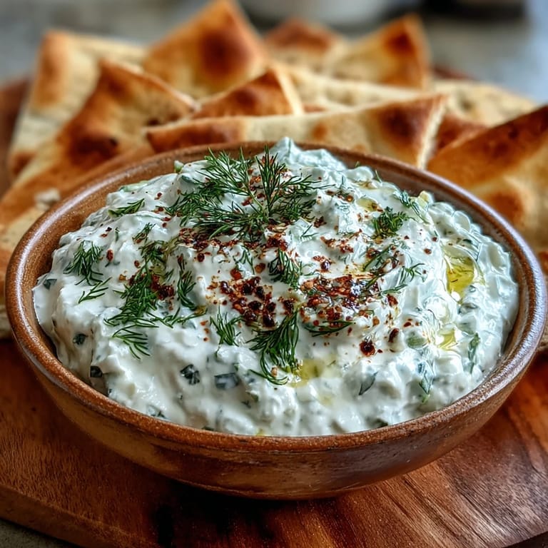 Tangy Greek Skyr Tzatziki, a light and creamy dip featuring garlic and fresh herbs.